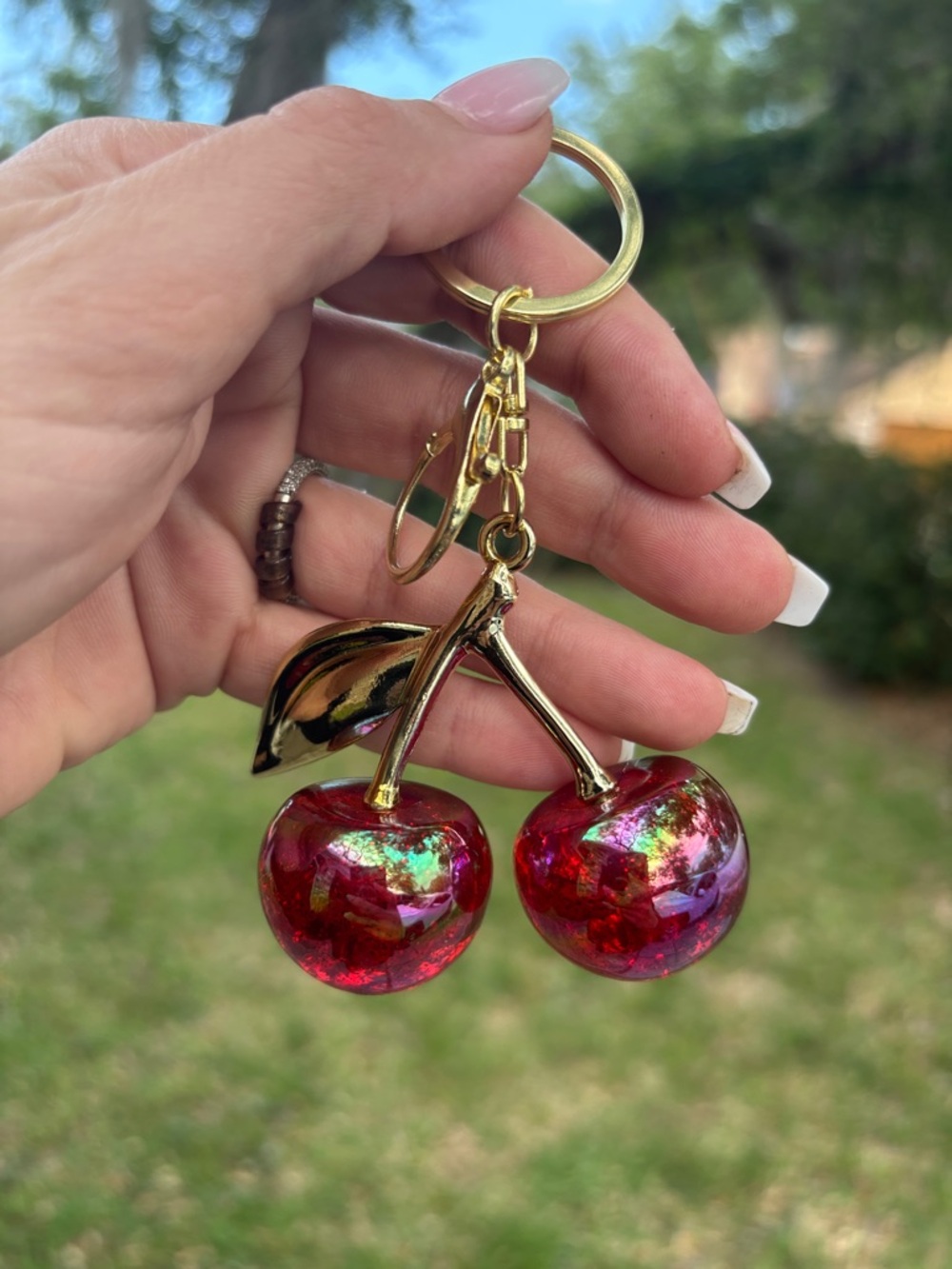 Gold Cherry Dangle Keychain - Red Iridescent Charm